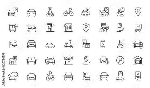 parking icons set with editable stroke. Linear vector illustration featuring urban auto, vehicle, bicycle, boat, disabled, electric charging, location, ticket, transport, security, valet