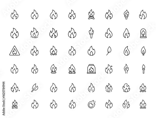 fire and flames icon set with editable strokes. Vector illustration of blazing fire, campfire, fuel, torch, heat, smoke, lantern, match, danger, energy, flame, warning, burning