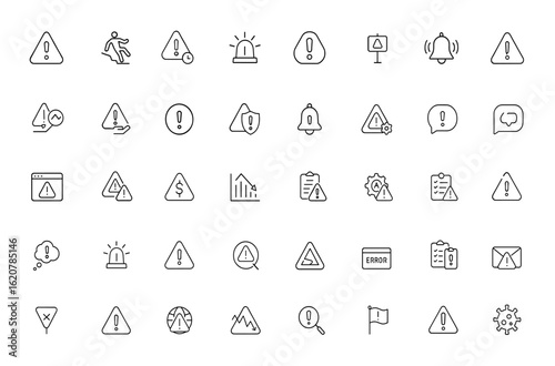  risk icon set, warning, alarm, alert, and attention symbols. Editable stroke vector illustration for business, safety, finance, health, crisis, notification, security and more.