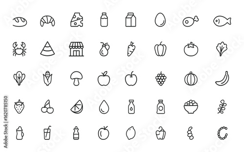 food product classification icon set with linear editable strokes. Vector illustration featuring bakery, dairy, protein, organic, vegetable, fruit, seafood, market, health and more.