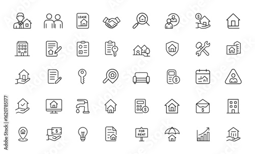 rental property icons set with editable strokes. Linear vector illustration featuring landlord, tenant, lease, agreement, inspection, payment, neighborhood, security, maintenance and more.