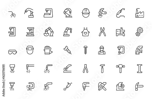 Linear metalworking icons set with editable stroke. Vector illustration of industrial tools, welding, machinery, manufacturing, safety gear, cutting, grinding, assembly, production, workshop