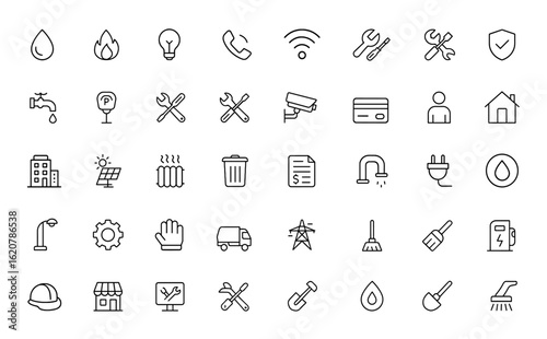 public and private utility services icon set. Editable linear stroke vector illustration including water, gas, electricity, telecom, recycling, maintenance, security and more.