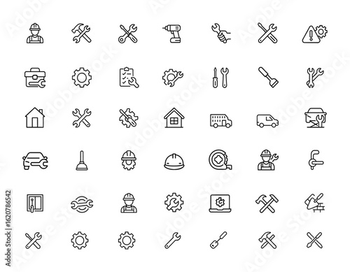 repair and maintenance icons set with editable strokes. Linear vector illustration featuring construction, engineering, tools, workshop, mechanic, restoration and more.