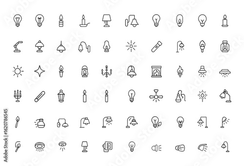 light sources  icon set with editable stroke. Linear vector illustration of antique bulbs, candles, lanterns, flames, LEDs, chandeliers, fireplace, and illumination elements