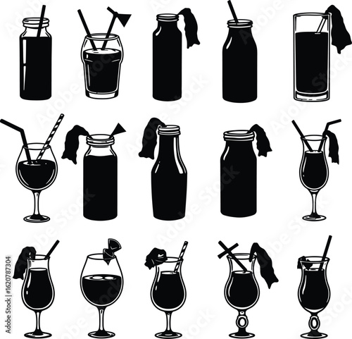 Vector Illustration Set of Cocktails and Molotov Cocktails Silhouettes. Beverage and Explosive Bottle Graphics, Isolated on a White Background.