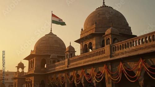 Majestic indian architecture a glimpse of heritage and pride with the national flag waving high, symbolizing unity, freedom, and the rich cultural tapestry of incredible india