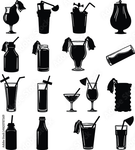 Vector Illustration Set of Cocktails and Molotov Cocktails Silhouettes. Beverage and Explosive Bottle Graphics, Isolated on a White Background.
