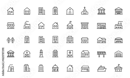 buildings  icon set with editable stroke. Linear vector illustration featuring architecture, city, house, apartment, hospital, church, government, urban, commercial, facility and more