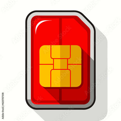 A vibrant red sim card with a golden chip and a subtle shadow representing mobile technology