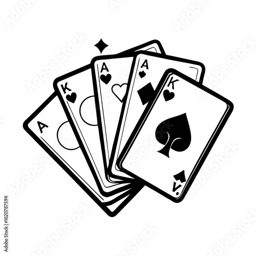 A winning hand of poker cards including aces and kings in a fan arrangement