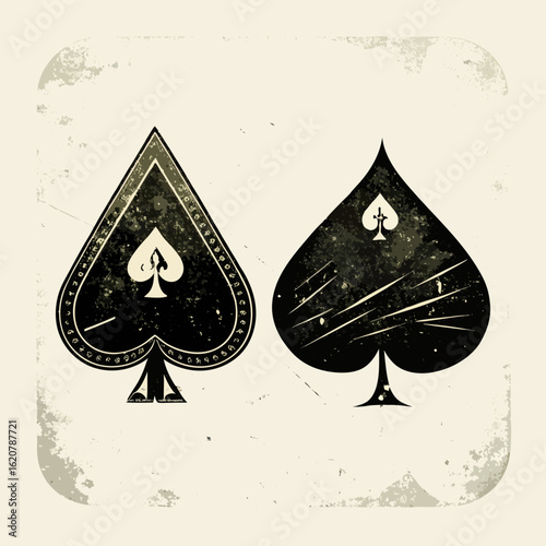 Two vintage style spades card symbols with a distressed and textured overlay