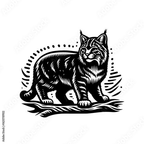 Illustration of a striped lynx standing on a branch isolated on white background