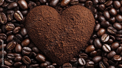 Heart of coffee grounds surrounded by beans
