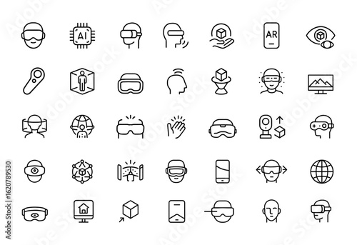 virtual and augmented reality icon set. Editable linear stroke vector illustration featuring AI, cyberspace, gaming headset, hologram, smartphone, panoramic vision and more.
