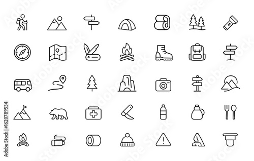hiking icons set with editable stroke. Vector illustration featuring adventure, trekking, camping, navigation, backpack, mountain, trail, tourism, nature, outdoor, leisure, journey and more