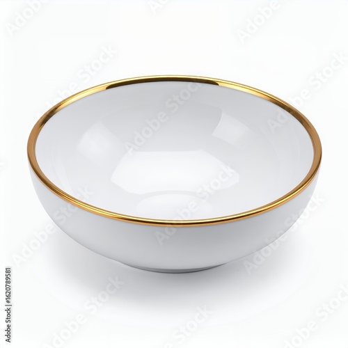 Elegant empty white ceramic bowl with golden rim design isolated on white background
