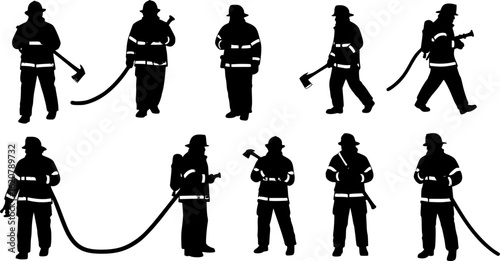 Firefighter silhouettes set, fireman pack of vector silhouette design, isolated background.
