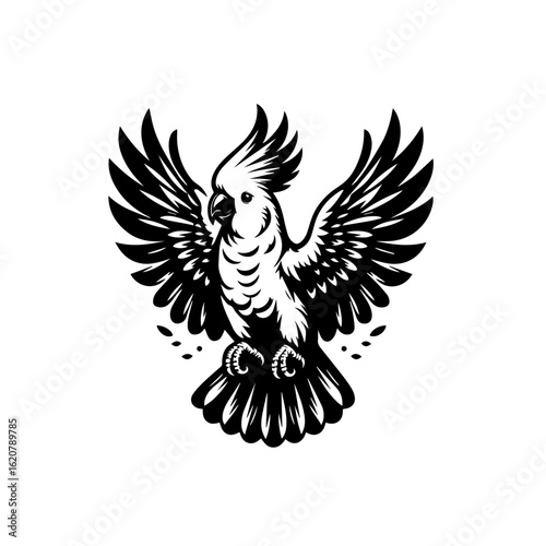 Illustration of a cockatoo parrot with open wings isolated on white background