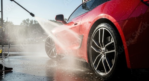 A red car is being washed with a pressure washer, water spraying on the tire and body.