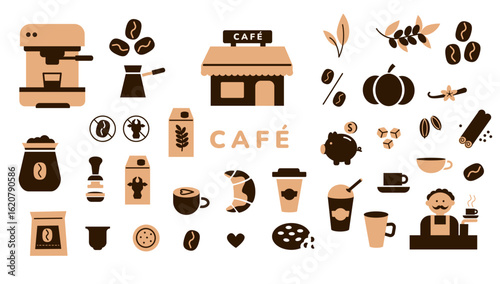 Coffee icons including espresso machine, beans, milk carton, barista, takeaway cups, and pastries on white background. Coffeehouse and hot drink concept.