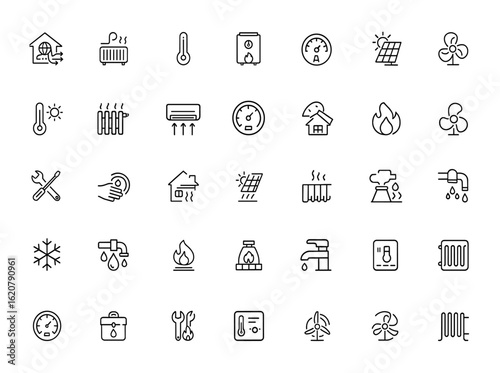 Heating and cooling line icon collection featuring home ventilation, heater, thermostat, solid fuel system, radiator, air conditioning, temperature control, solar energy, plumbing, repair and more.
