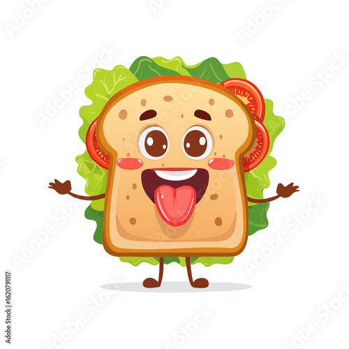 Cheerful Sandwich Illustration: A whimsical, anthropomorphic sandwich character beams with joy. Showcasing vibrant colors and playful details.