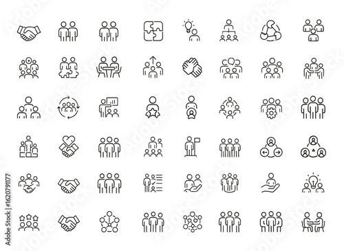 partnership Linear outline icons set, teamwork, leadership, and collaboration. Editable stroke vector illustration for business, communication, cooperation, trust, community and more.