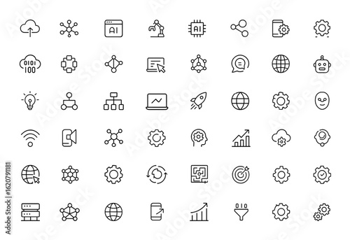 Digital transformation icon collection featuring simple line icons of cloud computing, internet, technology, and digital services. Editable stroke, vector illustration, innovation and more.