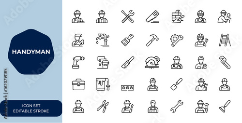 Handyman repairman icon set: professional carpenter, contractor, technician tools, workshop equipment, home improvement, building maintenance, renovation, welding, painting, plumbing and more.