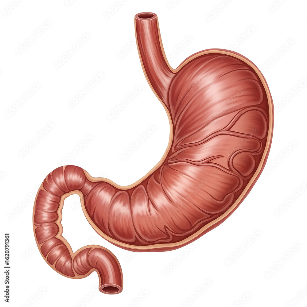 Fototapeta premium Illustration of a human stomach with visible veins and anatomical structure on transparent background