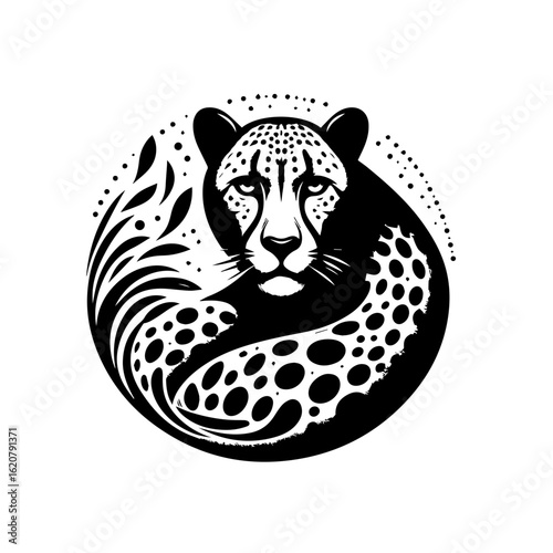 Illustration of a cheetah isolated on white background in black and white