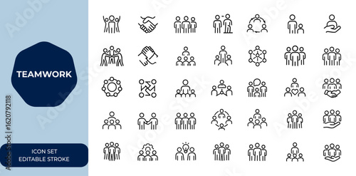 Teamwork Line icon collection, cooperation, society symbols. Editable stroke outline set. Vector illustration of collaboration, unity, partnership, community, group, connection, network