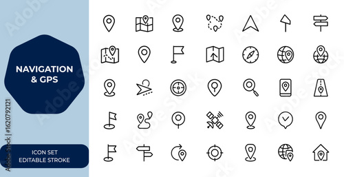 Navigation and GPS linear outline icon set with editable stroke. Vector illustration collection featuring location, route, directional symbols, mapping, tracking, wayfinding, and positioning and more.