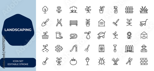landscaping icon set with editable linear strokes. Vector illustration collection featuring garden, outdoor, nature, environment, design, architecture, plants, greenery, tools and more.