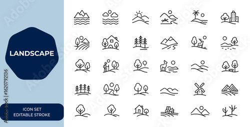 landscape icons set. Linear vector illustration of editable stroke. collection for nature, environment, scenery, terrain, outdoor, earth, geography, map, design and more.