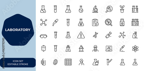 laboratory icon set with editable strokes. Linear vector illustration collection for lab, science, research, medical, test, chemistry, analysis, equipment, experiment, vector and more.