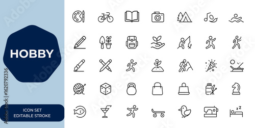 Outline hobby icon set with editable stroke. Linear vector illustration collection for creative pastimes, leisure activities, crafts, DIY projects, and artistic hobbies, design symbols, modern style