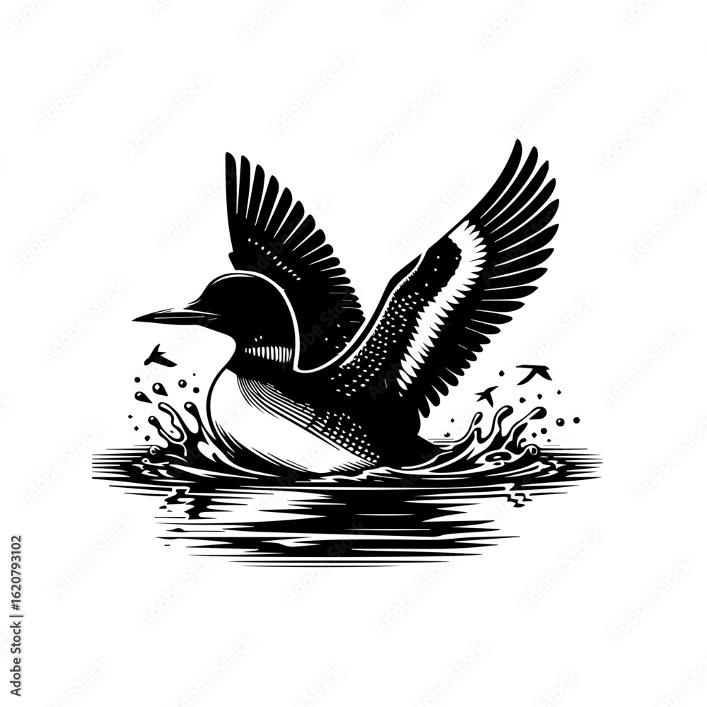 Fototapeta premium A loon with its wings spread lands on the water isolated on white background