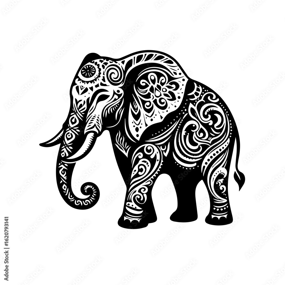 Obraz premium Detailed elephant illustration isolated on white background with tribal patterns