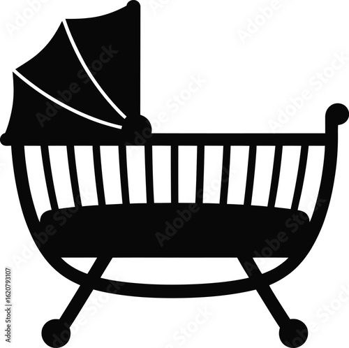 Black Silhouette of Baby Cradle with Canopy Icon