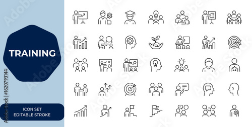 Training Line icon collection of editable stroke, mentoring, education, teamwork, coaching, meeting, conference symbols. Vector outline illustration, business, leadership, workshop and more.