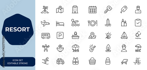 Resort-themed designs Linear outline icon set. Editable stroke vector illustration collection for travel, vacation, hotel, leisure, tourism, holiday, getaway, summer, beach, spa and more.