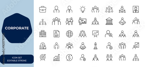 corporate icon set with outline vector illustrations. Editable stroke icons collection perfect for business design, branding, office, finance, professional, minimalistic style and more.