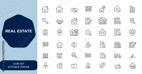 Real estate Linear outline icons set, property, home, house, buying, renting symbols. Editable stroke vector illustration. Business and real estate line icon collection and more.