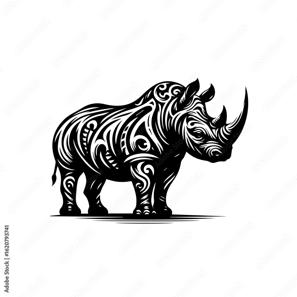Fototapeta premium Illustration of a rhino with tribal patterns isolated on white background