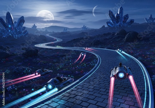 Futuristic race cars speeding down a winding road under the moonlight in a fantasy landscape
