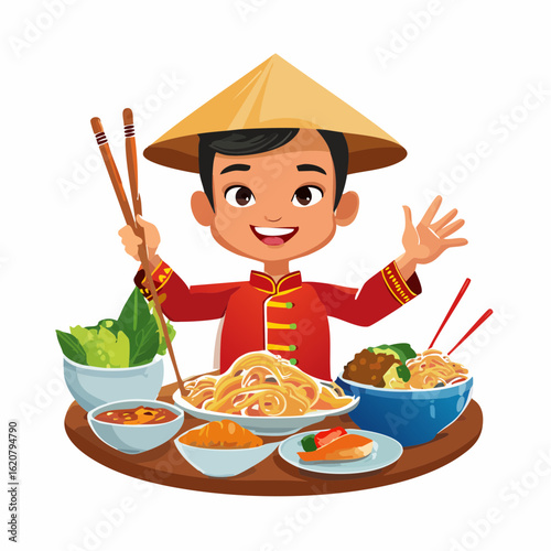 Joyful culinary exploration: A cheerful individual, adorned in traditional attire, radiates warmth as they present an inviting spread of asian dishes.