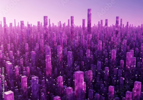 Abstract purple cityscape with futuristic architecture and modern buildings creating a vibrant urban scene