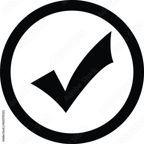 Black check mark inside a black circle on white background tick correct